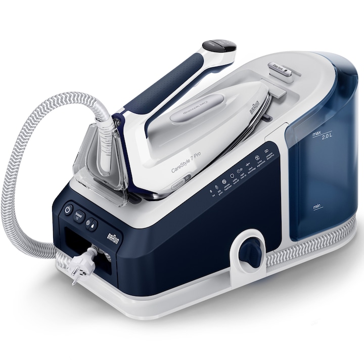 Reducere  RESIGILAT: Statie de calcat Braun CareStyle 7 PRO IS7282BL, 2700W, 8 bari, abur variabil 180g/min, jet de abur 600g/min, rezervor detasabil 2L, tehnologie iMode, tehnologie iCare, tehnologie FreeGlide, talpa EloxalPlus, sistem decalcifiere Ultimate FastClean, mod Pr