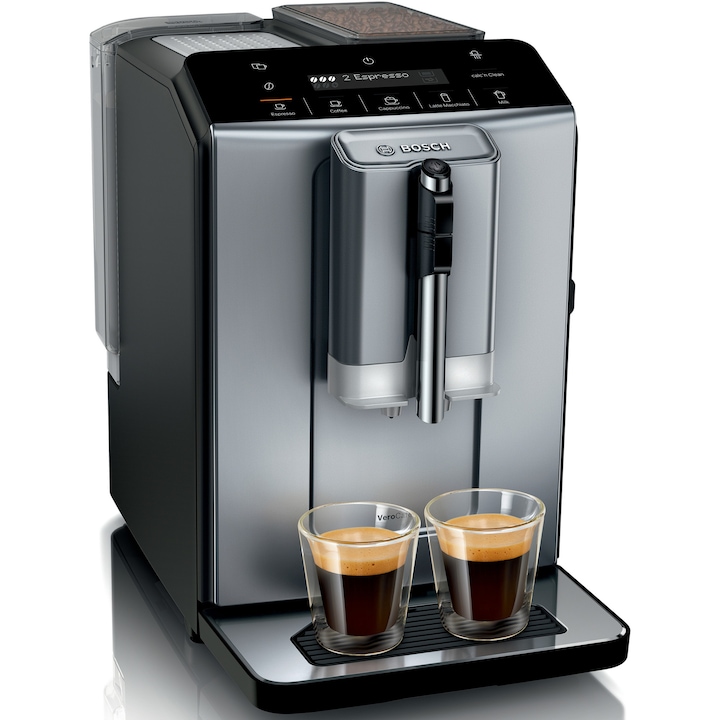 Reducere  RESIGILAT: Espressor automat Bosch VeroCafe TIE20504, 15 bari, 1,4 l, rasnita ceramica, dispozitiv spumare lapte MilkMagic Pro, cu sistem SensoFlow, Argintiu