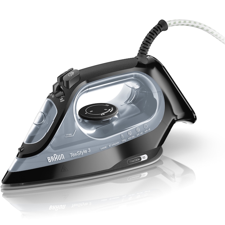 Reducere  RESIGILAT: Fier de calcat Braun TexStyle 3 SI3055BK, 2400 W, abur variabil 45g/min, jet de abur 180g/min, rezervor 270 ml, tehnologie FreeGlide 3D, talpa Super Ceramic, Negru