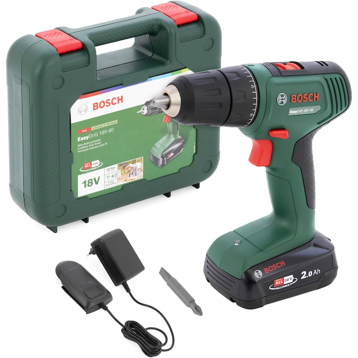 Reducere  RESIGILAT: Masina de gaurit si insurubat (bormasina) pe acumulator Bosch EasyDrill 18V, 40 Nm cuplu maxim, mandrina rapida, 2 trepte, acumulator si incarcator inclus, geanta profesionala