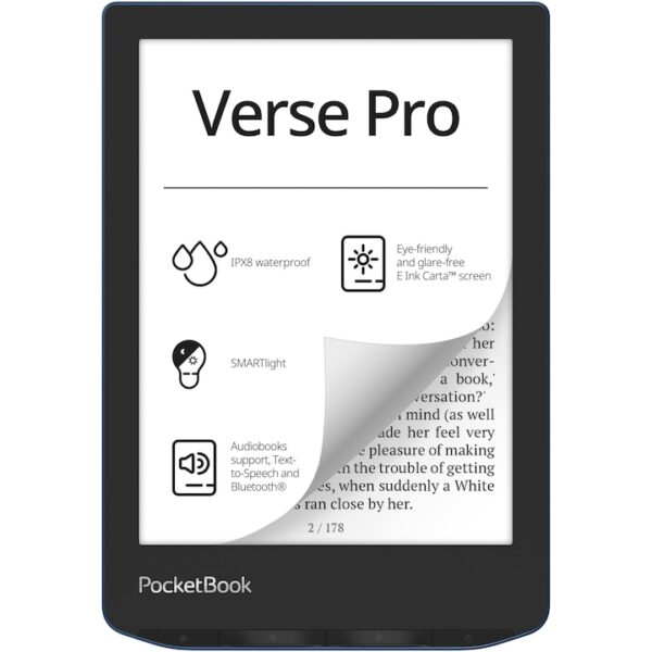 Reducere  RESIGILAT: eBook Reader PocketBook Verse Pro PB634, ecran tactil 6.0″ E Ink Carta™ 1200, 300dpi, 16GB, SMARTlight, G-sensor, WiFi&Bluetooth, Azure