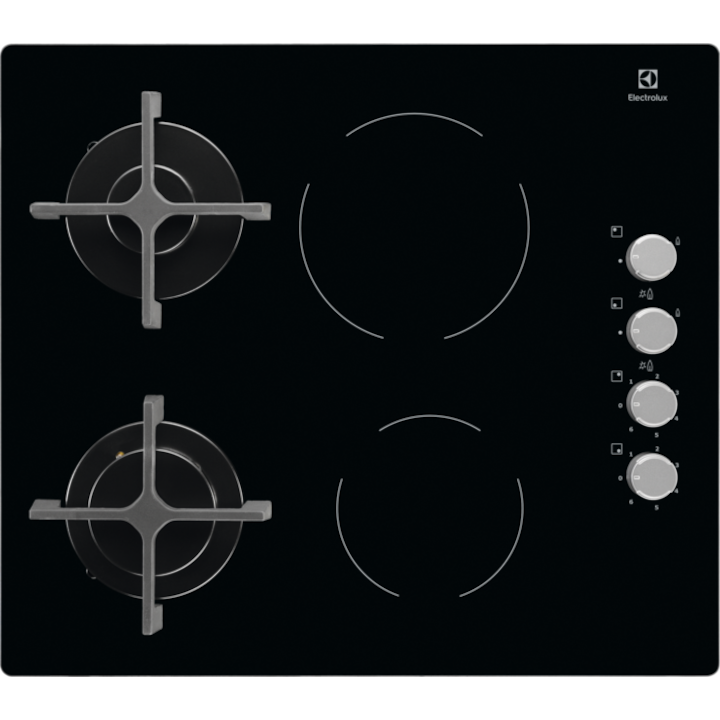 Reducere  RESIGILAT: Plita incorporabila Electrolux EGE6172NOK, Mixta, 2 Zone Gaz, 2 Zone Vitroceramice, Aprindere electrica, 60 cm, Negru