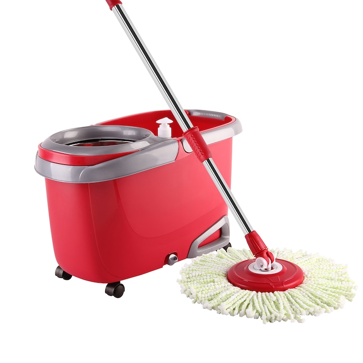 Reducere  RESIGILAT: Set curatenie Kring AMBER, galeata cu centrifuga inox turbo, maner telescopic si mop rotativ + rezerva mop, Rosu