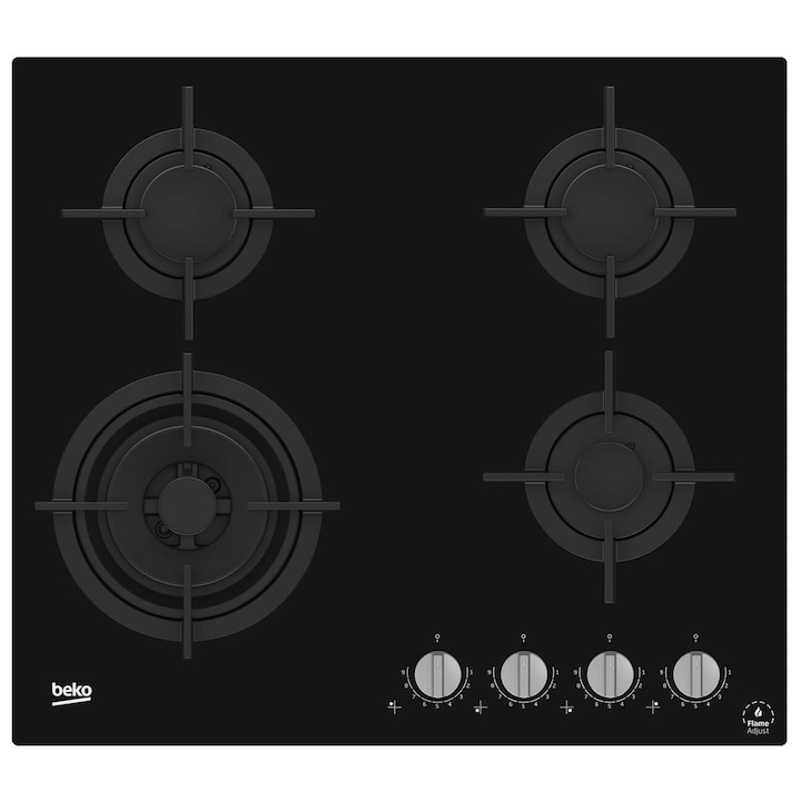 Reducere  RESIGILAT: Plita incorporabila Beko HILW64322S, Gaz, 4 arzatoare, FlameAdjust™, Arzator wok, Gratare fonta, 60 cm, Sticla neagra