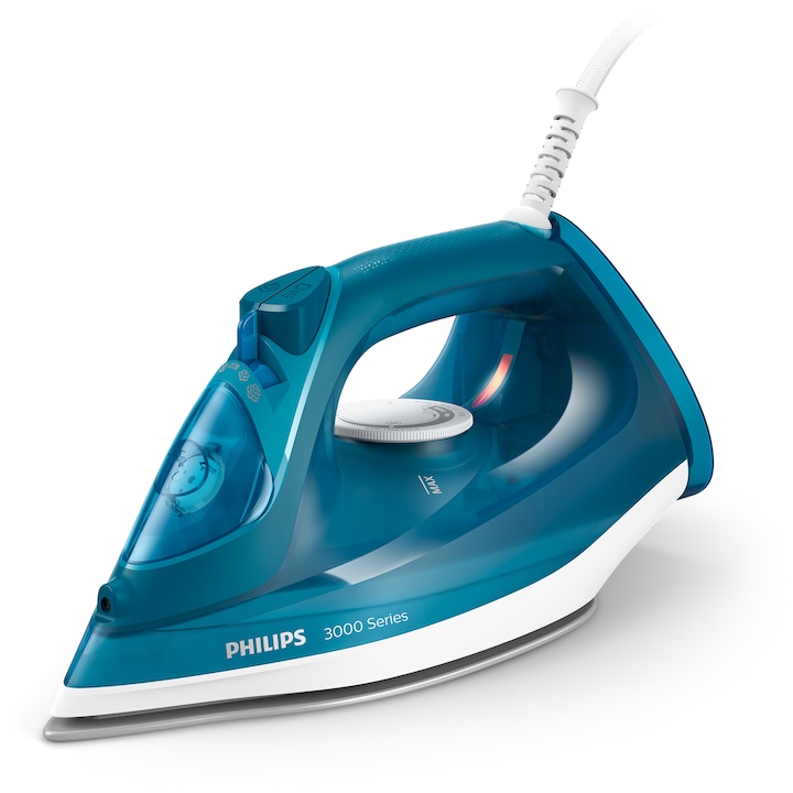 Reducere  RESIGILAT: Fier de calcat Philips DST3040/70, putere 2600W, jet continuu de abur 40g/min, culoare albastru deschis, rezervor de apa 300ml, talpa ceramica, oprire automata.