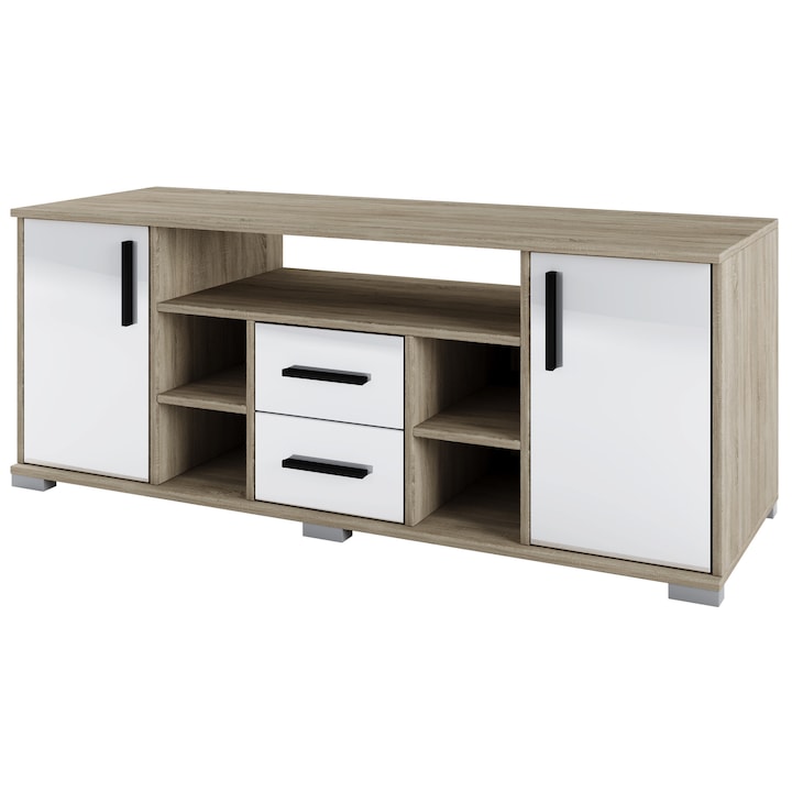 Reducere  RESIGILAT: Comoda TV Irim Space 140x50x55 cm, 2 usi, 2 sertare, Sonoma / Alb Gloss