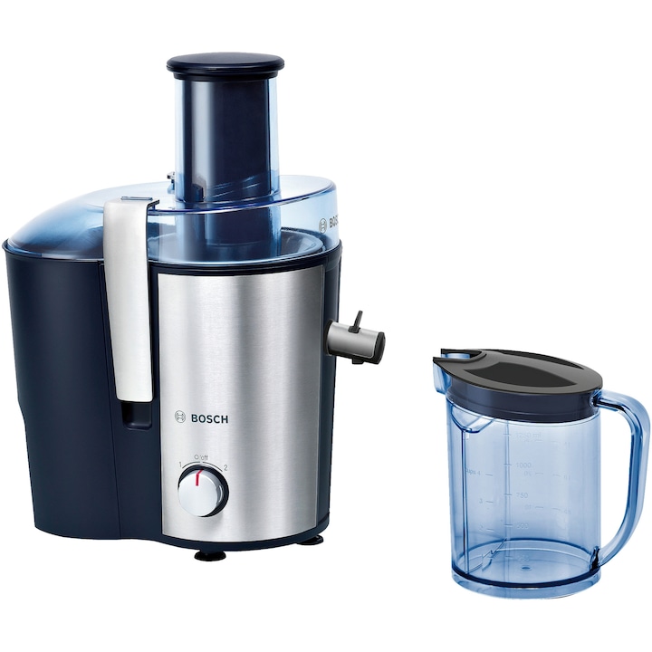 Reducere  RESIGILAT: Storcator de fructe si legume Bosch MES3500, 700 W, Recipient suc 1.25 l, Recipient pulpa 2 l, 2 Viteze, Tub de alimentare 73 mm, Albastru/Argintiu