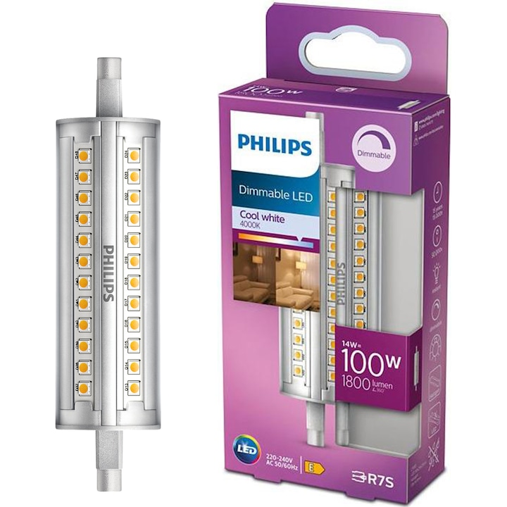 Reducere  RESIGILAT: Bec LED spot Philips, putere reglabila, R7S, 14W (100W), 1800 lm, lumina alba rece (4000K), 118mm, clasa energetica E