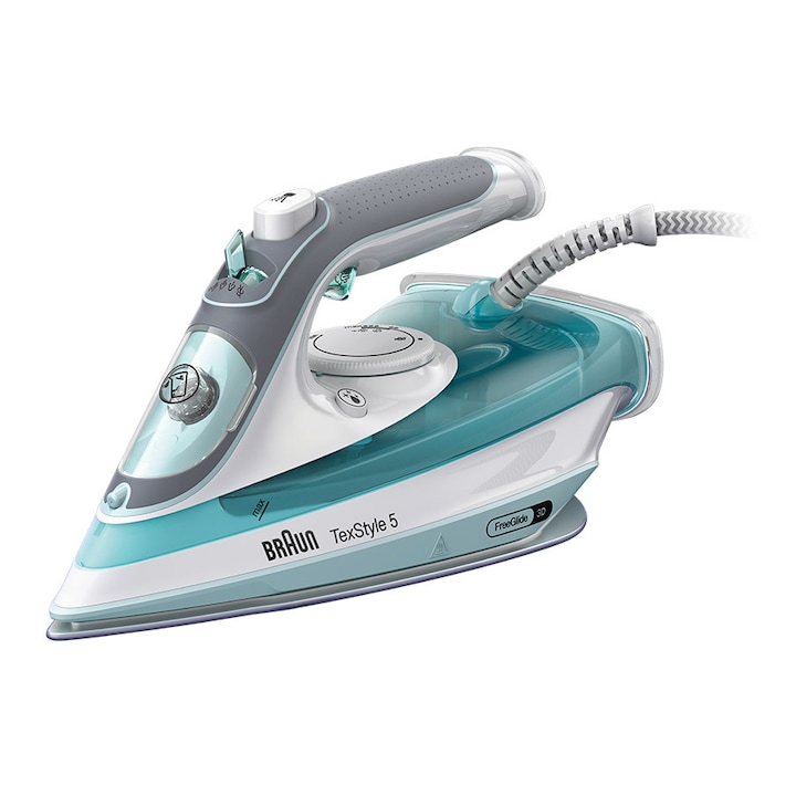 Reducere  RESIGILAT: Fier de calcat Braun TexStyle 5 SI5017GR, 2700 W, abur variabil 50g/min, jet de abur 190g/min, rezervor 270 ml, tehnologie FreeGlide 3D, talpa Super Ceramic, Alb/Verde