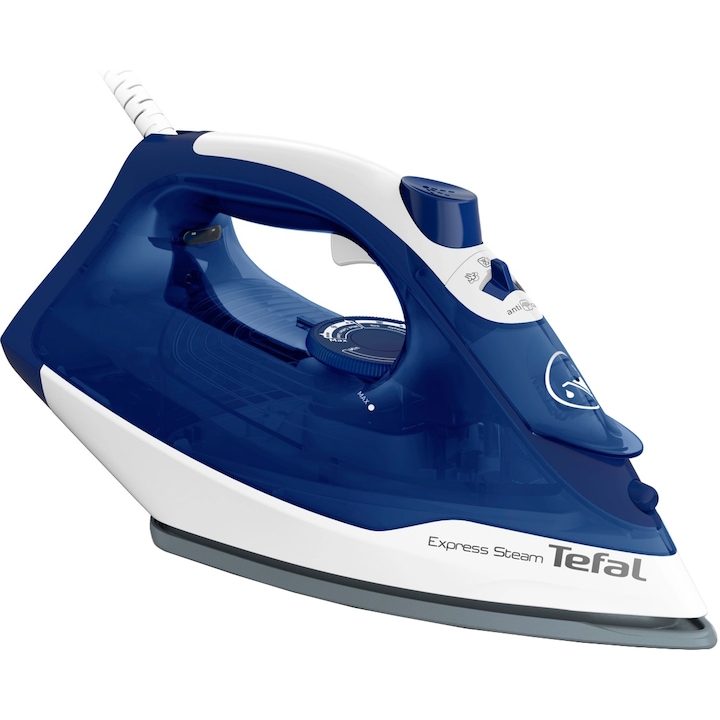 Reducere  RESIGILAT: Fier de calcat Tefal Express Steam FV2838E0, 2400W, jet de abur 180 g/min, abur variabil 0-40 g/min, 270 ml, functie anticalcar, alb/albastru