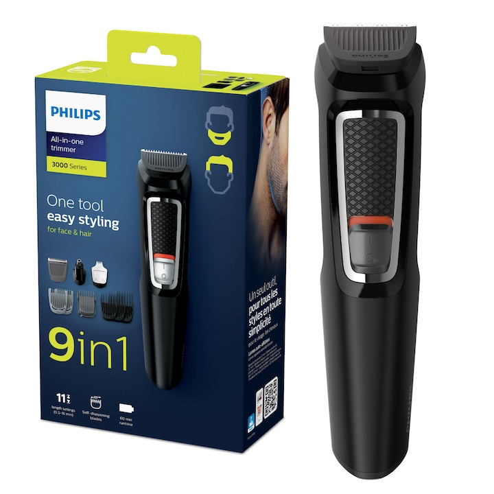 Reducere  RESIGILAT: Aparat de tuns barba si parul 9 in 1 PHILIPS Multigroom MG3740/15, Lame cu ascutire, Acumulator, 6 piepteni par fata si cap, Negru