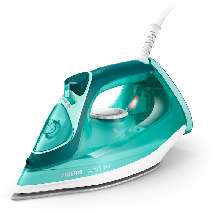 Reducere  RESIGILAT: Fier de calcat Philips DST3030/70, putere 2400W, jet continuu de abur 40g/min, culoare turcoaz, rezervor de apa 300ml, talpa ceramica, oprire automata.