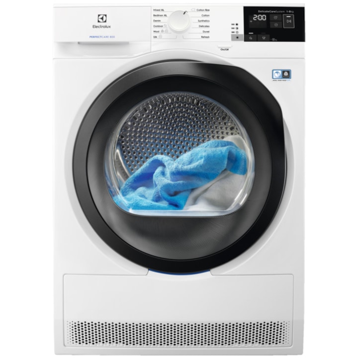 Reducere  RESIGILAT: Uscator de rufe Electrolux PerfectCare800 EW8H458B, Pompa de caldura, 8 kg, 12 programe, Clasa A++, Motor Inverter, DelicateCare, GentleCare, SensiCare, Display touch LCD, Alb