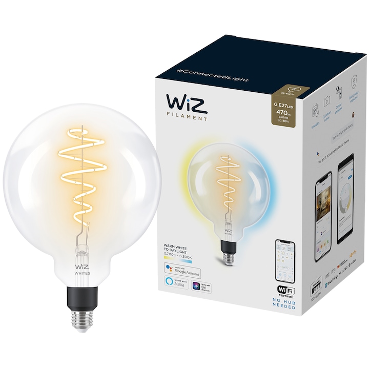 Reducere  RESIGILAT: Bec LED inteligent vintage (decorativ) WiZ Connected Filament Whites, Wi-Fi, G200, E27, 6.5W (40W), 470 lm, temperatura lumina reglabila (2700K-6500K), compatibil Google Assistant/Alexa/Siri, clasa energetica G