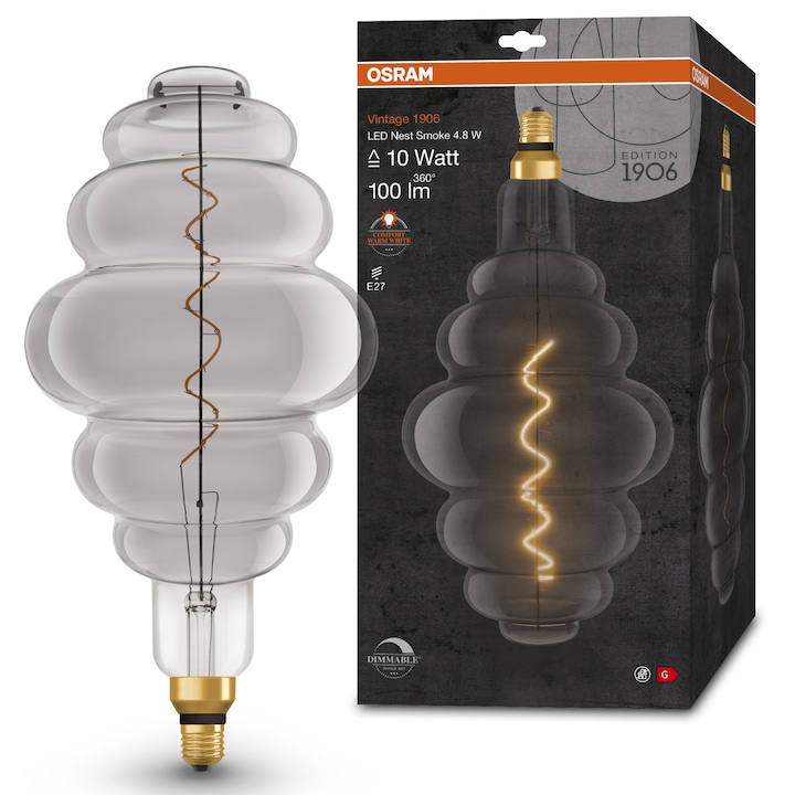 Reducere  RESIGILAT: Bec LED vintage (decorativ) Osram 1906 NEST, dimabil, filament, E27, 4.8W (10W), 100 lm, lumina calda (1800K), Smoke, clasa energetica G