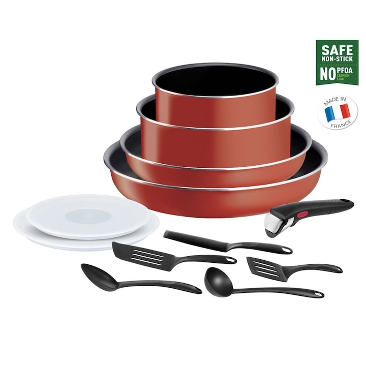 Reducere  RESIGILAT: Set de 12 piese Tefal Ingenio Easy Cook & Clean, invelis antiaderent Titanium, indicator temperatura Thermo-Signal, maner detasabil, rosu