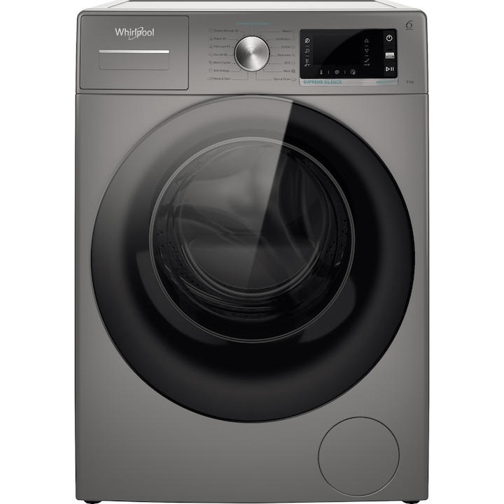 Reducere  RESIGILAT: Masina de spalat rufe Whirlpool Supreme Silence W6W945SBEE, 9 kg, 1400 rpm, Clasa B, Al 6-lea Simt, Motor Zen Direct Drive, FreshCare+, Steam Refresh, Steam Hygiene, Display LCD, Argintiu