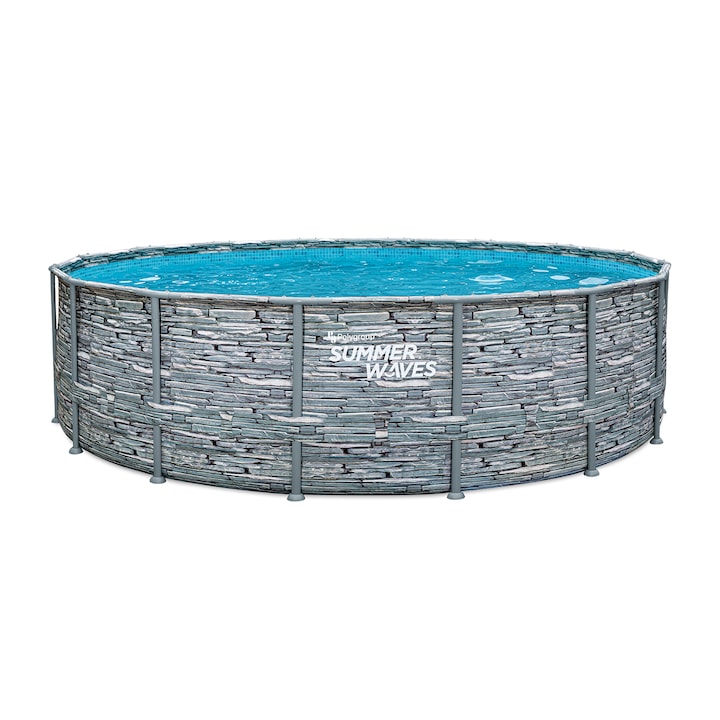 Reducere  RESIGILAT: Piscina rotunda cu pompa cu filtru, prelata protectie si scara acces incluse Summer Waves, diametru 488 cm, inaltime 122 cm, PVC/otel, aspect piatra, gri