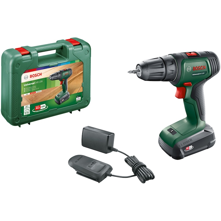 Reducere  RESIGILAT: Masina de gaurit si insurubat (bormasina) pe acumulator Bosch UniversalDrill 06039D4001, 18 V, 1.5 Ah, 1450 RPM, 23/32 Nm, 30 mm diametru maxim gaurire, acumulator, incarcator, cap surubelnita dublu, valiza profesionala