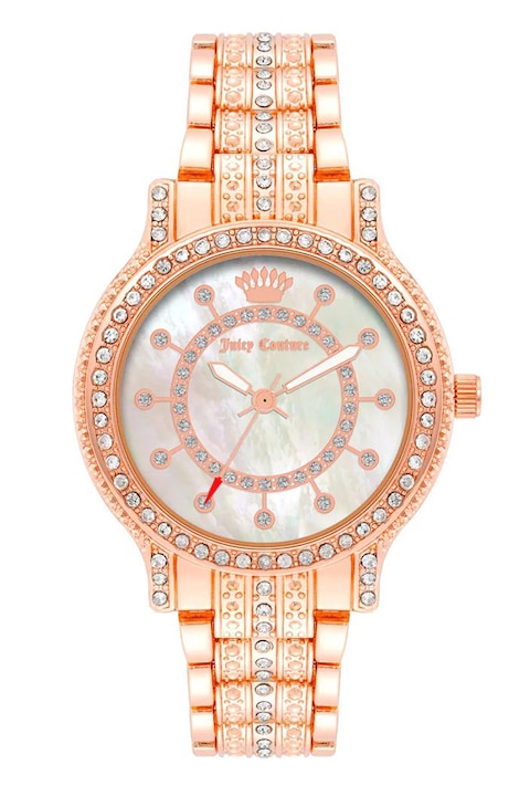 Reducere  RESIGILAT: Juicy Couture – Ceas cu cadran Mother of Pearl si zirconia, Auriu rose