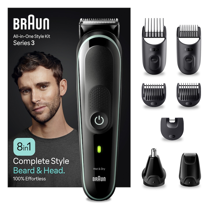 Reducere  RESIGILAT: Aparat de tuns multifunctional Braun MGK3441, Wet&Dry, 8-in-1, 5 piepteni, 1 capat, 1 mini aparat de ras, autonomie 80 minute, Saculet de voiaj, Negru/Verde