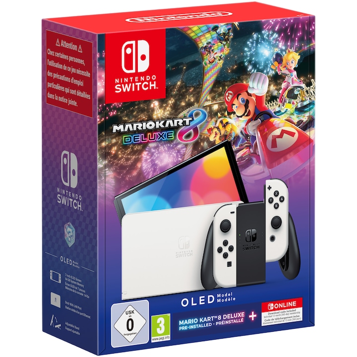 Reducere  RESIGILAT: Consola Nintendo Switch OLED (White) + joc Mario Kart 8 + abonament 12 luni Nintendo Switch Online