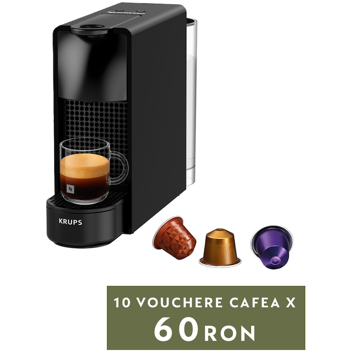 Reducere  RESIGILAT: Espressor Nespresso by Krups Essenza Mini XN110810, 1260W, 19 Bar, 0.6L, Negru, + set capsule degustare