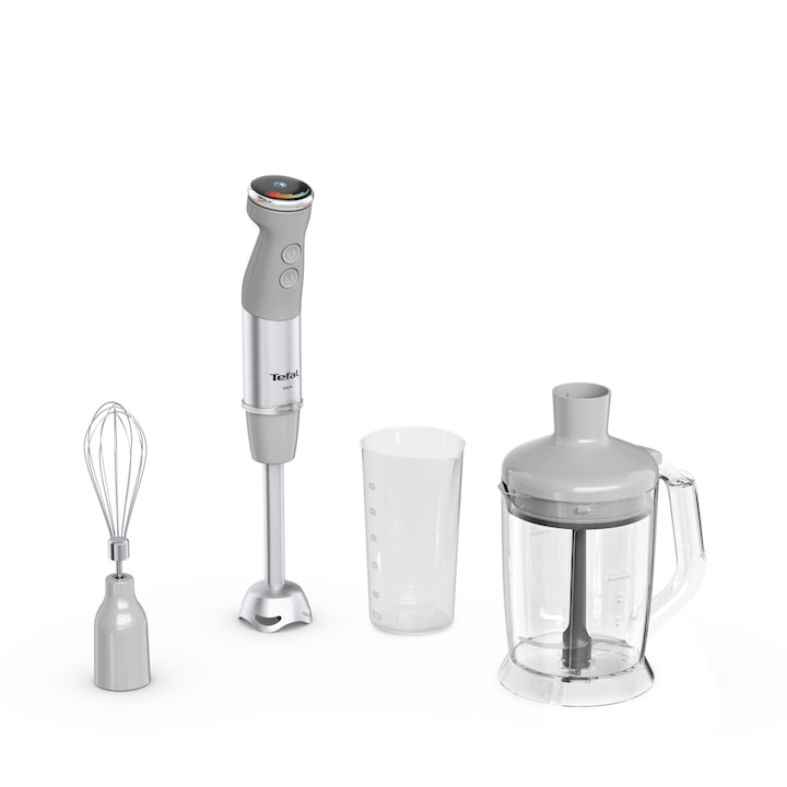 Reducere  RESIGILAT: Mixer vertical Tefal Quickchef+ HB67MB30, 1000W, 20 trepte de viteza, functie Turbo, tocator 1000 ml, pahar de masurat 800ml, tel, inox, 4 lame Powelix, gri & argintiu