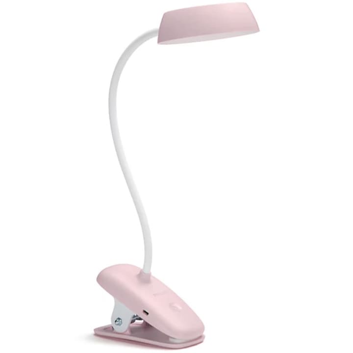 Reducere  RESIGILAT: Lampa LED de birou Philips Donutclip, cu acumulator, 3W, 5V, intensitate luminoasa reglabila, temperatura lumina 4000K, IP20, 38 cm, Roz