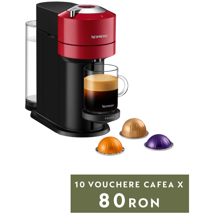 Reducere  RESIGILAT: Espressor Nespresso by Krups Vertuo Next XN910510, 1500W, 19 Bar, Centrifusion™, Conectare la telefon, 1.1L, Rosu + set capsule degustare