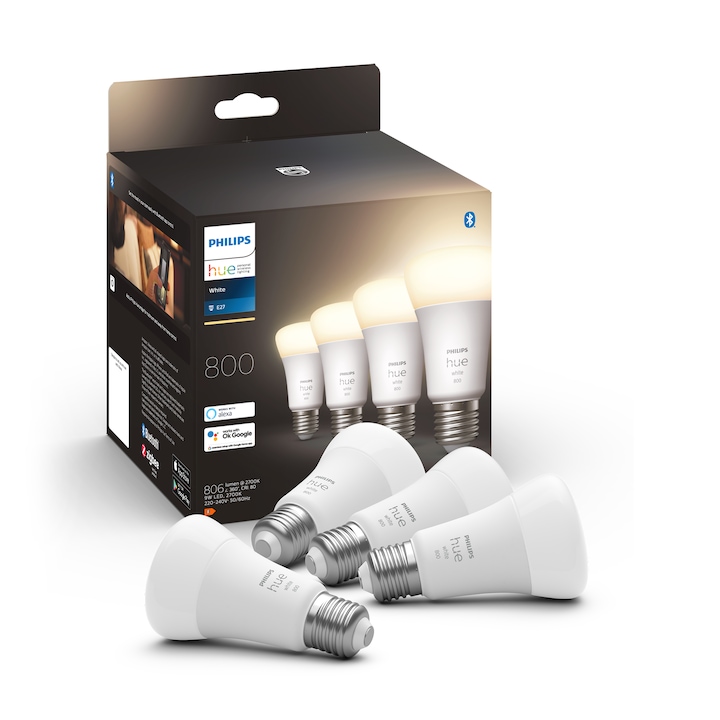 Reducere  RESIGILAT: Pachet 4 becuri LED Philips Hue, Bluetooth, Zigbee, A60, E27, 9W (60W), 800 lm, lumina alba, clasa energetica F