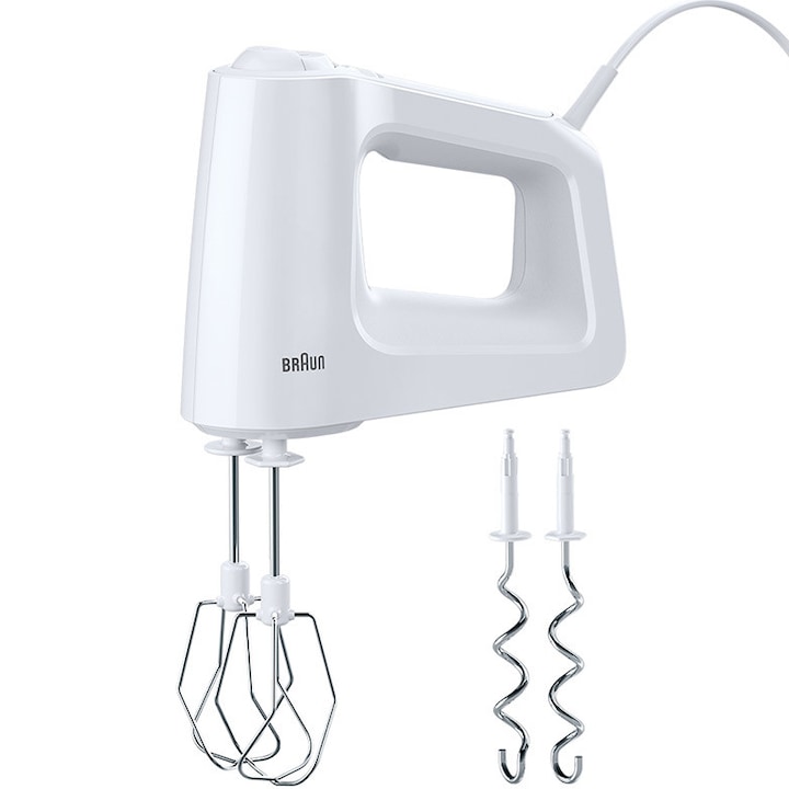 Reducere  RESIGILAT: Mixer de mana Braun HM3000WH, 450 W, 5 viteze + Turbo, 2 palete, 2 carlige pentru aluat, Alb/Gri