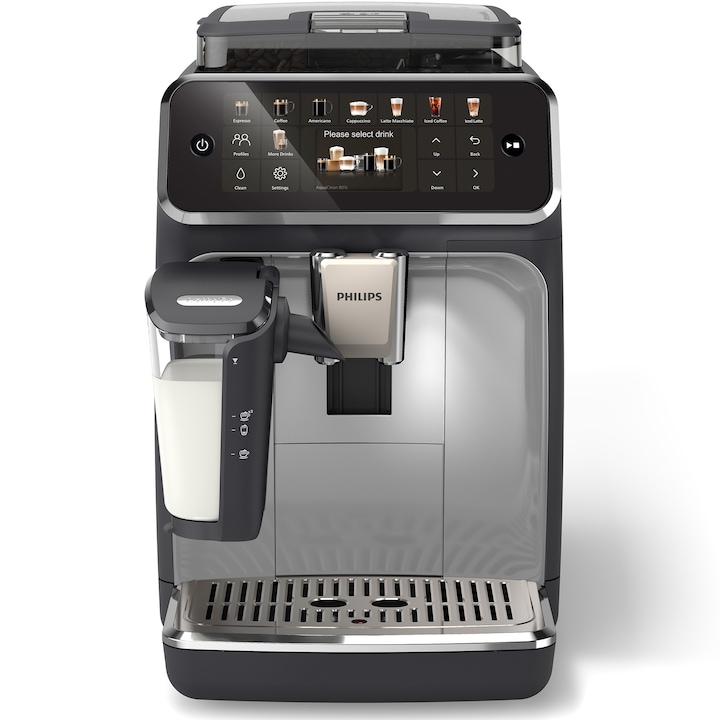 Reducere  RESIGILAT: Espressor automat Philips EP5546/70 seria 5500, presiune 15 bari, solutie de lapte LatteGO, 20 tipuri de bauturi, ecran tactil , Tehnologie noua SilentBrew-preparare silentioasa, rasnita ceramica, functie QuickStart, jet suplimentar, negru argintiu