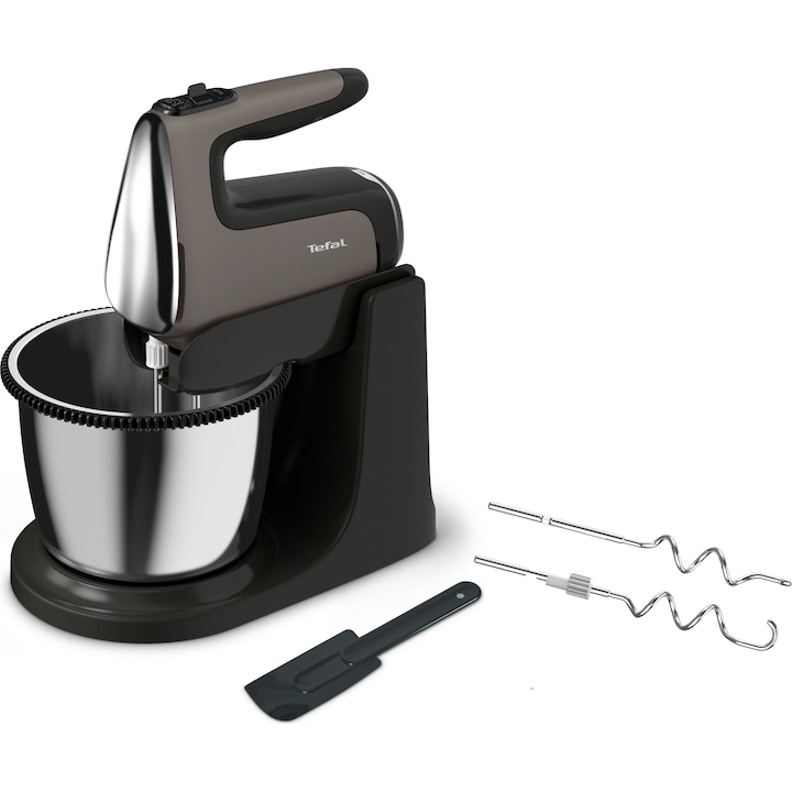 Reducere  RESIGILAT: Mixer cu bol Tefal PowerMix Silence HT654E38, 600 W, rotire automata a bolului, functie turbo, 2 teluri inox, 2 carlige inox, spatula, argintiu/negru