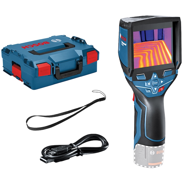 Reducere  RESIGILAT: Camera termica digitala pe acumulator Bosch Professional GTC 400 C, 12 V, -10°C/+400°C domeniu masurare, ±3°C precizie, IP 53, cutie L-Boxx, insertie L-Box scula electrica/accesorii, cablu microUSB, curea de mana, fara acumulator/incarcator