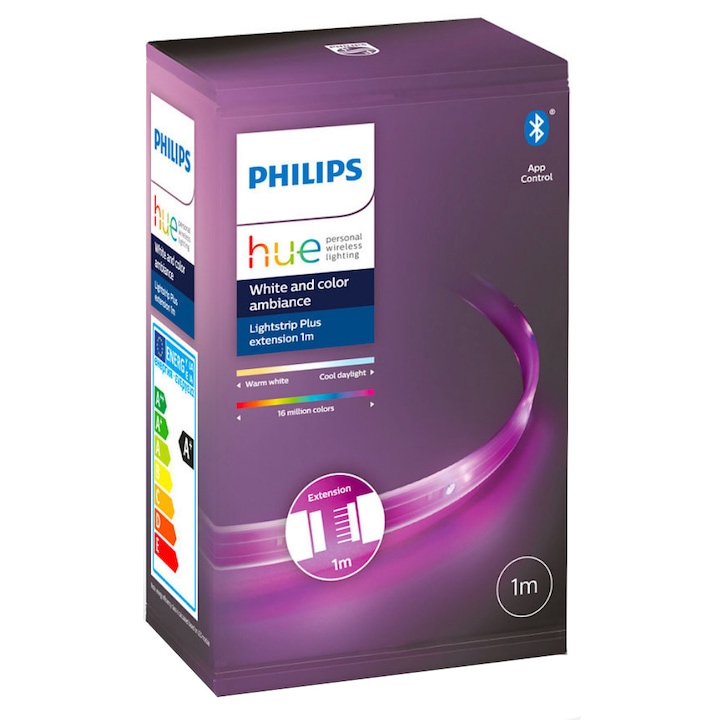 Reducere  RESIGILAT: Extensie banda LED inteligenta Philips Hue Lightstrip Plus, ZigBee Light Link, Bluetooth,11.5W, 950 lm, lumina ambianta alba si color, 1 m