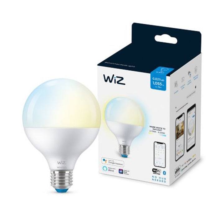 Reducere  RESIGILAT: Bec LED inteligent WiZ, Wi-Fi, Bluetooth, G95, E27, 11W (75W), 1055 lm, lumina alba reglabila, clasa energetica F