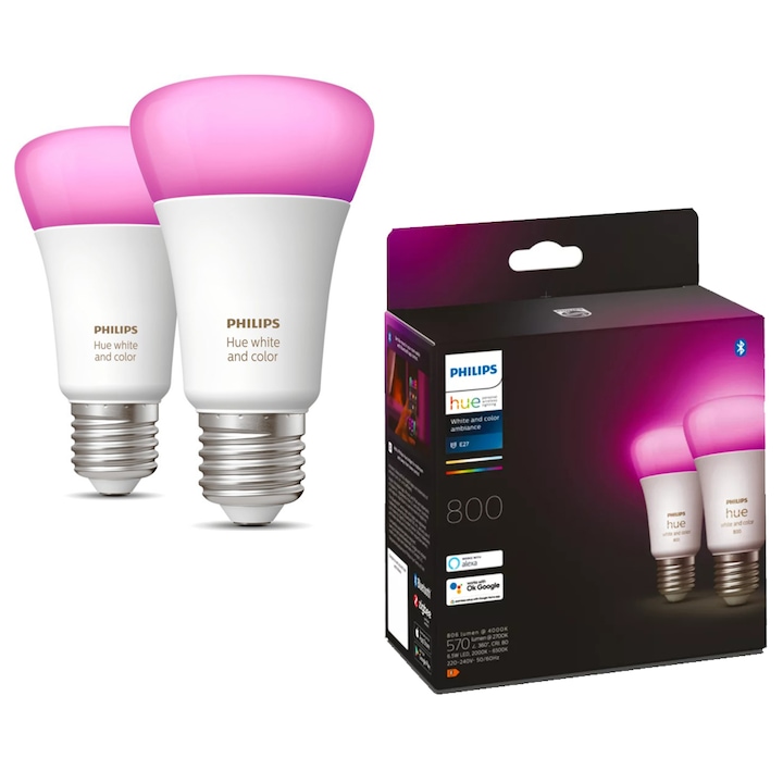 Reducere  RESIGILAT: Pachet 2 becuri LED RGB inteligente Philips Hue A60, Bluetooth, Zigbee, E27, 9W (60W), 806 lm, lumina colorata, clasa energetica F