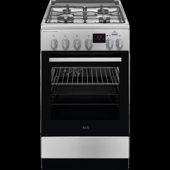 Reducere  RESIGILAT: Aragaz AEG CKB56490BW, Mixt, 4 arzatoare , Siguranta plita, Aprindere integrata, Gratare fonta, Cuptor electric, SteamBake, AirFry, Timer, Grill electric, Clasa A, 50 cm, Alb