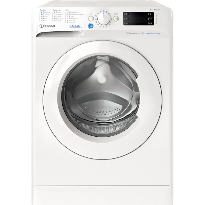 Reducere  RESIGILAT: Masina de spalat rufe Indesit INNEX BWE 81295X WV EE, 8 kg, 1200 rpm, Clasa B, Push&Go, Motor Inverter, Alb