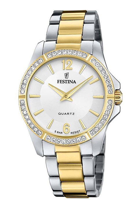 Reducere  RESIGILAT: Festina – Ceas analog cu coroana cu zirconia, Argintiu, Auriu