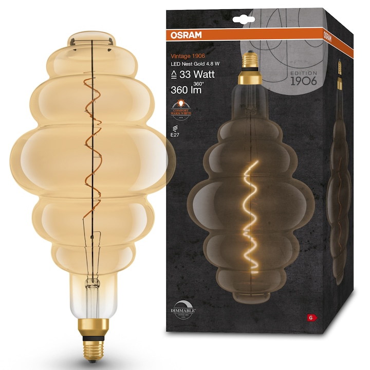 Reducere  RESIGILAT: Bec LED vintage (decorativ) Osram 1906 NEST, dimabil, filament, E27, 4.8W (33W), 360 lm, lumina calda (2200K), Gold, clasa energetica G