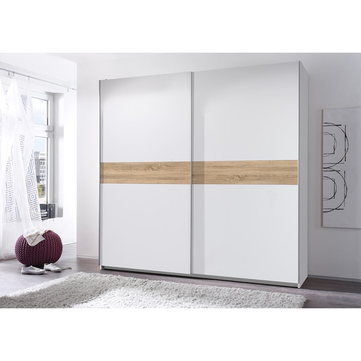 Reducere  RESIGILAT: Dulap Puls 215x210x59 cm, 2 usi glisante, 1 polita, 1 bara , culoare Alb/Sonoma