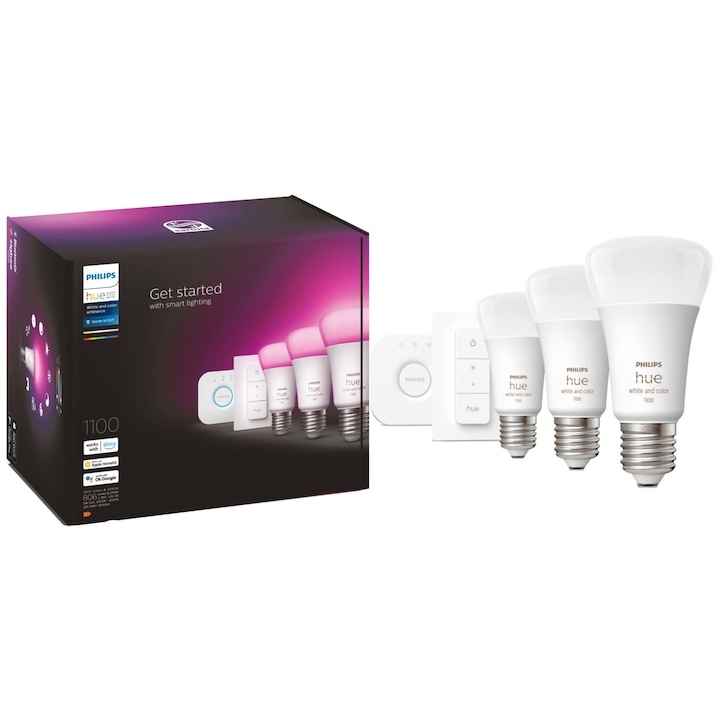 Reducere  RESIGILAT: Pachet 3 becuri LED RGB Philips Hue, Wi-Fi, Bluetooth, Zigbee, A60, E27, 9W (75W), 806-1100 lm, lumina alba si colorata + Consola Hue Bridge + Intrerupator, clasa energetica F