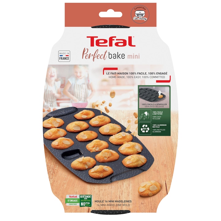 Reducere  RESIGILAT: Forma de copt Tefal PerfectBake Mini Madelene, aluminiu reciclat, invelis antiaderent, 21×29 cm, negru & maro