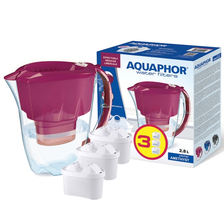 Reducere  RESIGILAT: Cana filtranta Aquaphor Amethyst cu 3 filtre, rosu