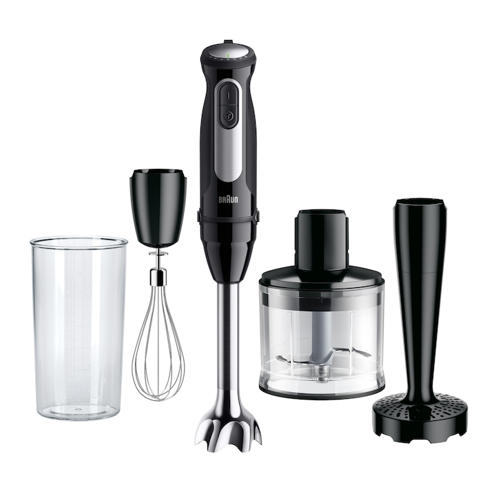 Reducere  RESIGILAT: Mixer vertical Braun MQ55307M, 1000 W, 25 trepte viteza, Functie Turbo, Tocator 500 ml, Accesoriu piure, Pahar gradat 600 ml, Tel, Negru/Inox