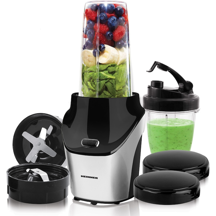 Reducere  RESIGILAT: Blender sport Heinner Vitamiser 1000 HSB-T1000SS, 1000W, recipiente Tritan fara BPA 1/0.45L, rasnita inclusa, buton ON/OFF, 18000RPM, lame din inox, 2 capace suplimentare, carcasa din inox, argintiu/negru