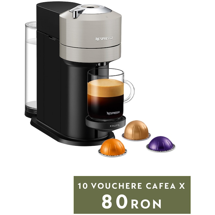 Reducere  RESIGILAT: Espressor Nespresso by Krups Vertuo Next XN910B10, 1500W, 19 Bar, Centrifusion™, Conectare la telefon, 1.1L, Gri, + set capsule degustare