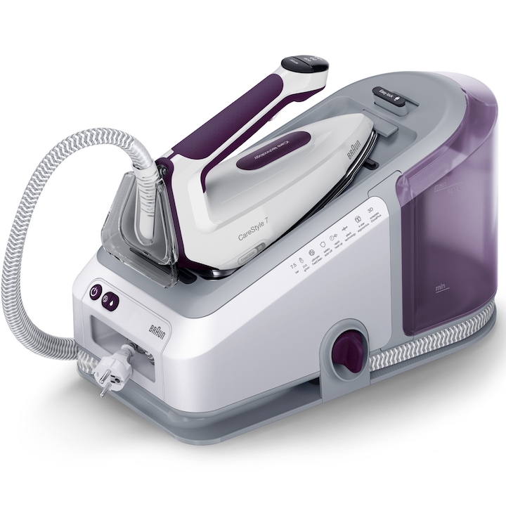 Reducere  RESIGILAT: Statie de calcat Braun CareStyle 7 IS7266VI, 2700W, 7.5 bari, abur variabil 160g/min, jet de abur 550g/min, rezervor detasabil 2L, tehnologie iCare, tehnologie FreeGlide, talpa EloxalPlus, sistem decalcifiere Ultimate FastClean, oprire automata, violet